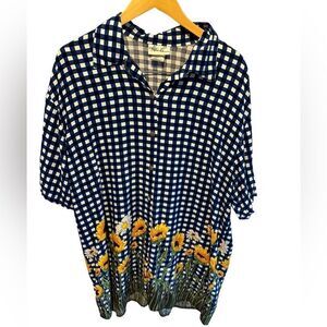 Kathie Lee Collection Sunflower Blue Gingham Floral Button Down Shirt